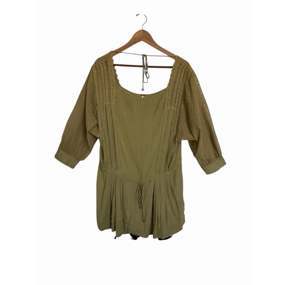 Free People Olive Green‎ Lace Sleeve Square Neck Tie Waist Tunic Dress Small